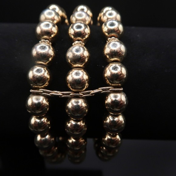 Vintage Goldtone Stretchy Bracelet Beaded with Floral Design Signed Midcentury - Picture 5 of 8